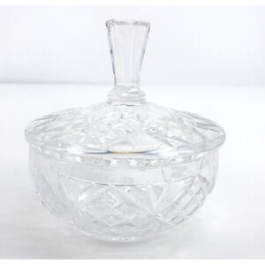 Crystal Covered Candy Dish 5" Wide 5" Tall Etched Tall Handle